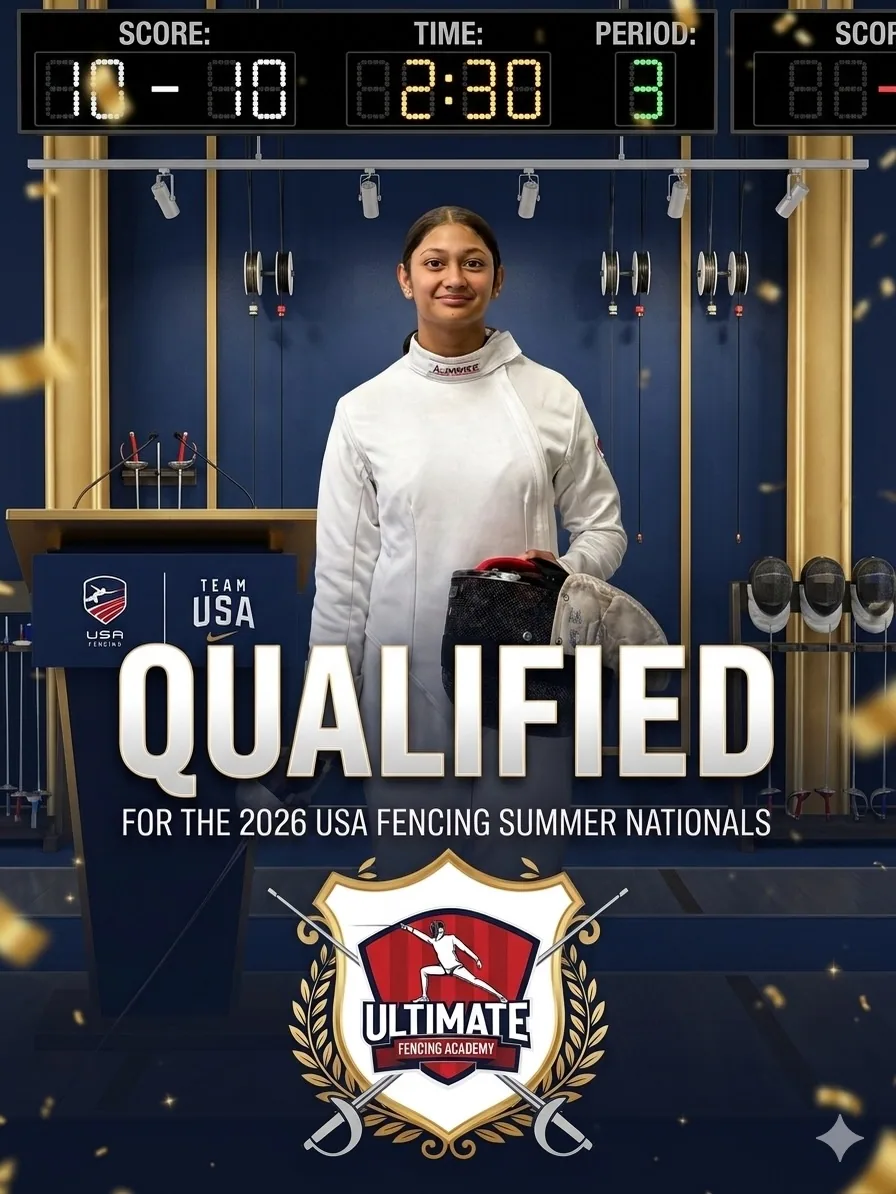 UFA student Anisha qualified for the 2026 USA Fencing Summer Nationals — Team USA backdrop